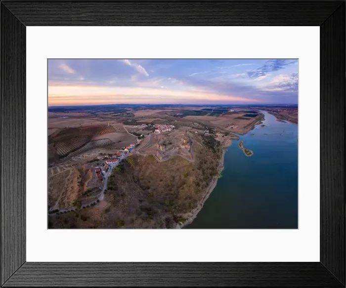 Framed Print : Juromenha castle, village and Guadiana river drone aerial view at sunset in Alentejo, Portugal Framed Print : Juromenha castle, village and Guadiana river drone aerial view at sunset in Alentejo, Portugal
