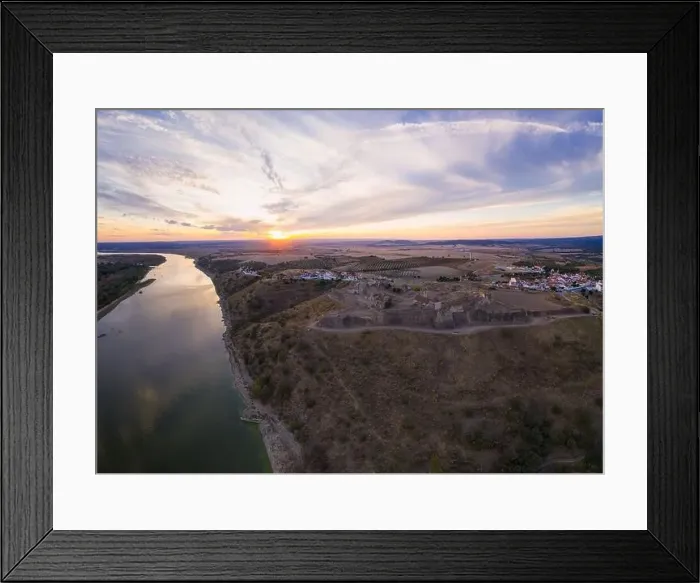Framed Print : Juromenha castle, village and Guadiana river drone aerial view at sunset in Alentejo, Portugal Framed Print : Juromenha castle, village and Guadiana river drone aerial view at sunset in Alentejo, Portugal