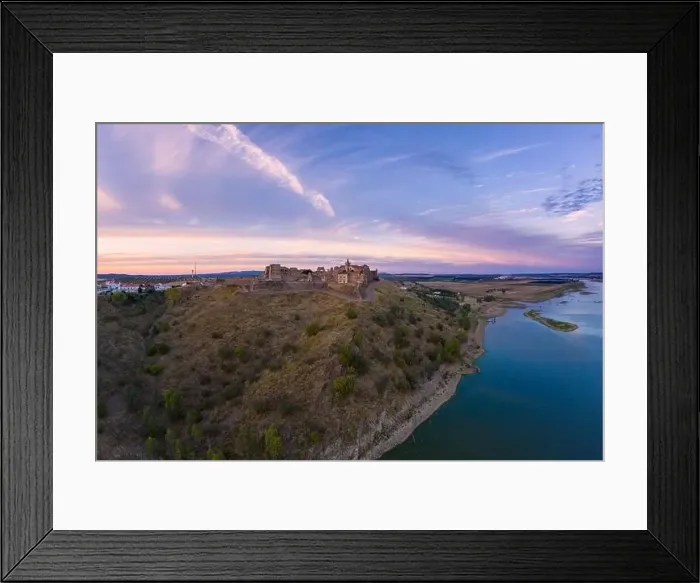Framed Print : Juromenha castle, village and Guadiana river drone aerial view at sunset in Alentejo, Portugal Framed Print : Juromenha castle, village and Guadiana river drone aerial view at sunset in Alentejo, Portugal