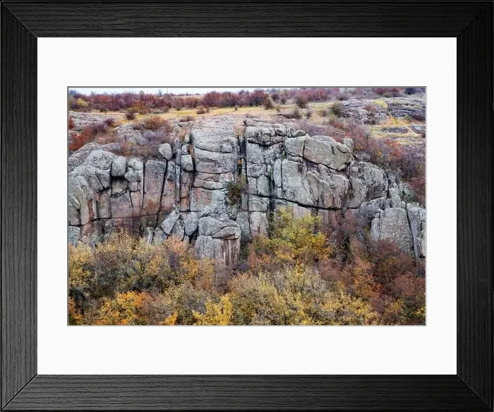 Framed Print : Aktovsky Canyon, Ukraine. Autumn trees and large stone boulders around Framed Print : Aktovsky Canyon, Ukraine. Autumn trees and large stone boulders around