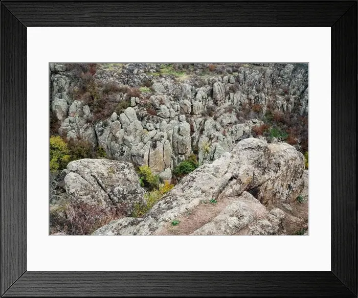 Framed Print : Aktovsky Canyon, Ukraine. Autumn trees and large stone boulders around