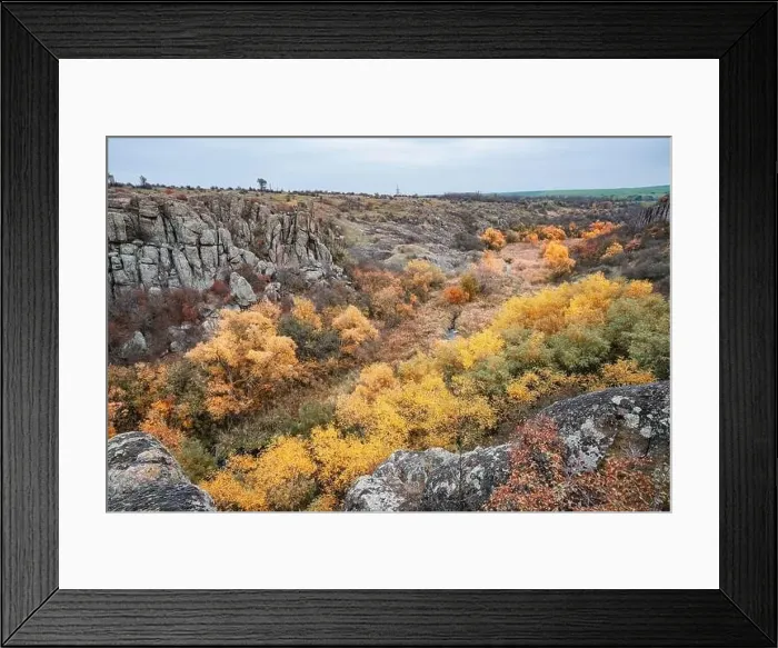 Framed Print : Aktovsky Canyon, Ukraine. Autumn trees and large stone boulders around