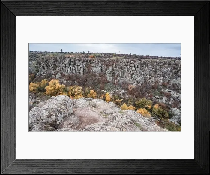 Framed Print : Aktovsky Canyon, Ukraine. Autumn trees and large stone boulders around