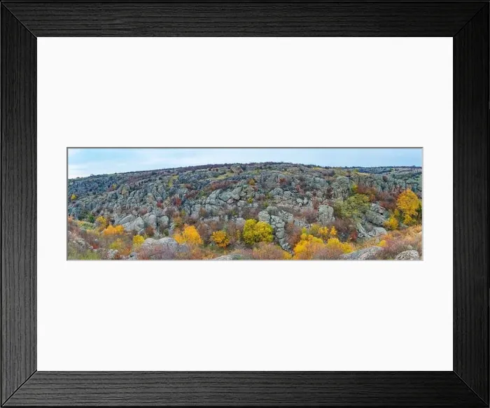 Framed Print : Aktovsky Canyon, Ukraine. Autumn trees and large stone boulders around Framed Print : Aktovsky Canyon, Ukraine. Autumn trees and large stone boulders around