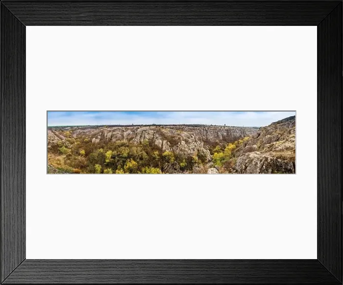 Framed Print : Aktovsky Canyon, Ukraine. Autumn trees and large stone boulders around Framed Print : Aktovsky Canyon, Ukraine. Autumn trees and large stone boulders around