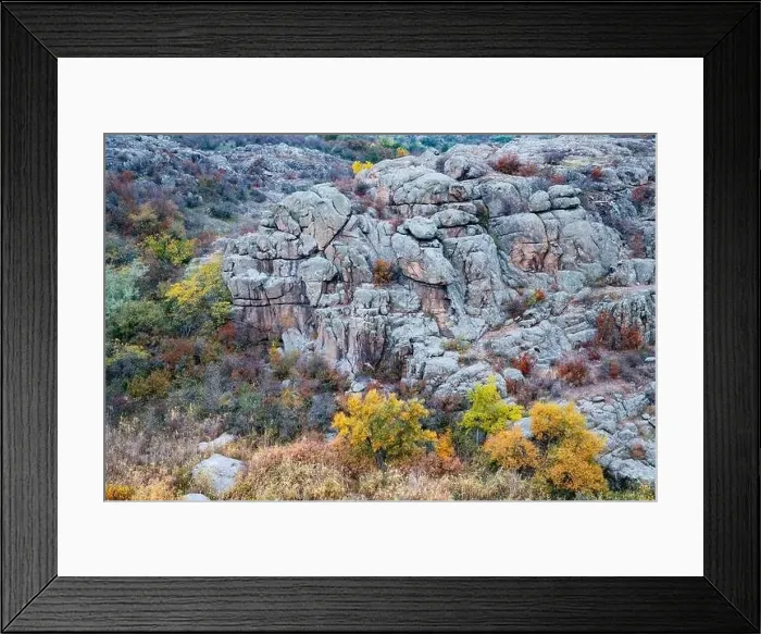 Framed Print : Aktovsky Canyon, Ukraine. Autumn trees and large stone boulders around Framed Print : Aktovsky Canyon, Ukraine. Autumn trees and large stone boulders around