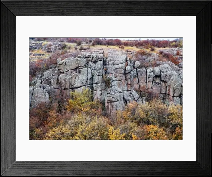Framed Print : Aktovsky Canyon, Ukraine. Autumn trees and large stone boulders around Framed Print : Aktovsky Canyon, Ukraine. Autumn trees and large stone boulders around