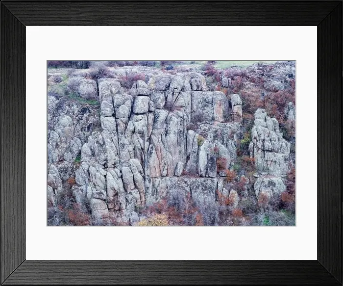 Framed Print : Aktovsky Canyon, Ukraine. Autumn trees and large stone boulders around Framed Print : Aktovsky Canyon, Ukraine. Autumn trees and large stone boulders around