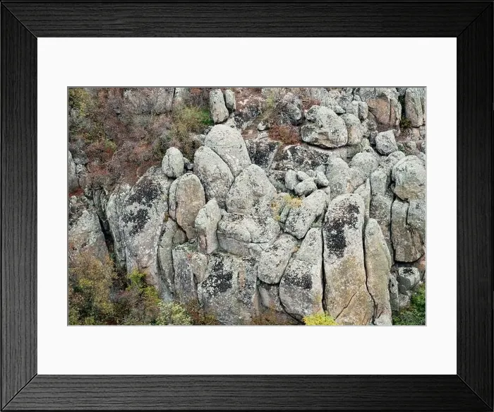 Framed Print : Aktovsky Canyon, Ukraine. Autumn trees and large stone boulders around Framed Print : Aktovsky Canyon, Ukraine. Autumn trees and large stone boulders around