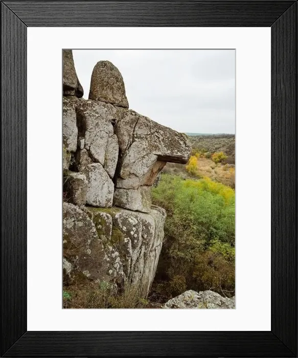 Framed Print : Aktovsky Canyon, Ukraine. Autumn trees and large stone boulders around Framed Print : Aktovsky Canyon, Ukraine. Autumn trees and large stone boulders around