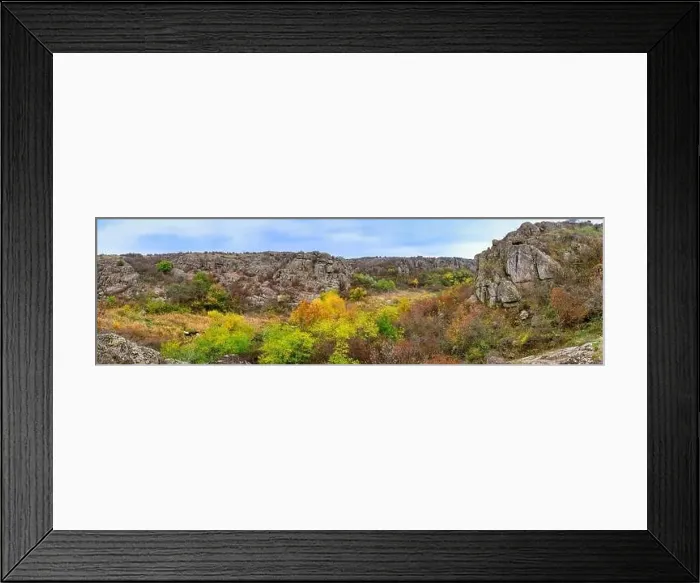 Framed Print : Aktovsky Canyon, Ukraine. Autumn trees and large stone boulders around Framed Print : Aktovsky Canyon, Ukraine. Autumn trees and large stone boulders around