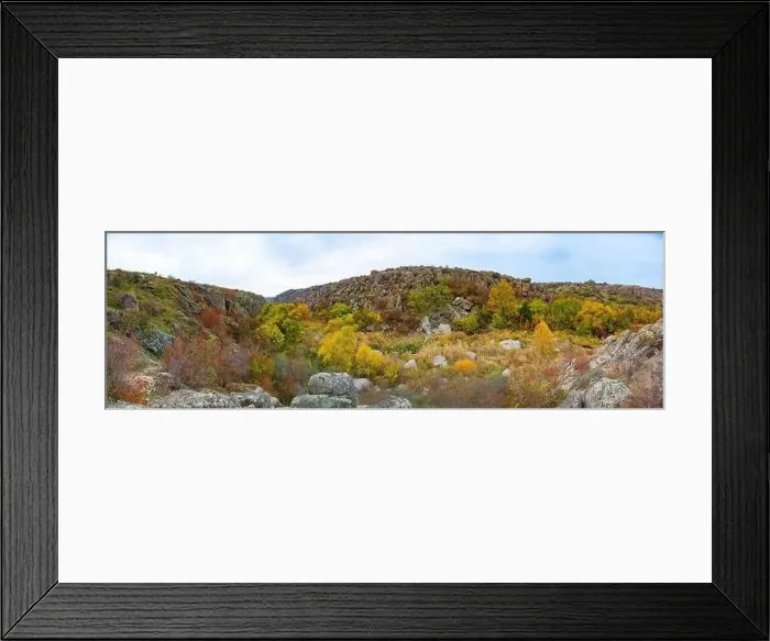 Framed Print : Aktovsky Canyon, Ukraine. Autumn trees and large stone boulders around Framed Print : Aktovsky Canyon, Ukraine. Autumn trees and large stone boulders around
