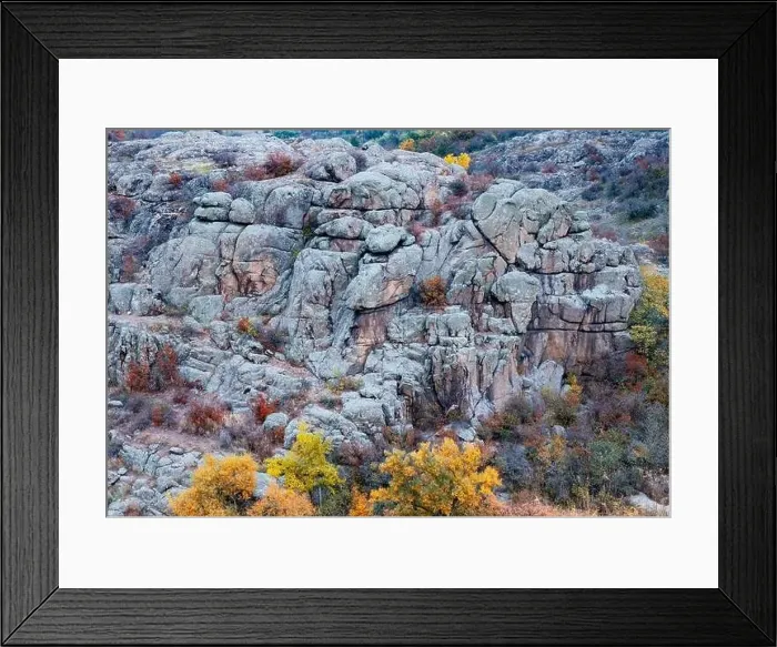 Framed Print : Aktovsky Canyon, Ukraine. Autumn trees and large stone boulders around Framed Print : Aktovsky Canyon, Ukraine. Autumn trees and large stone boulders around