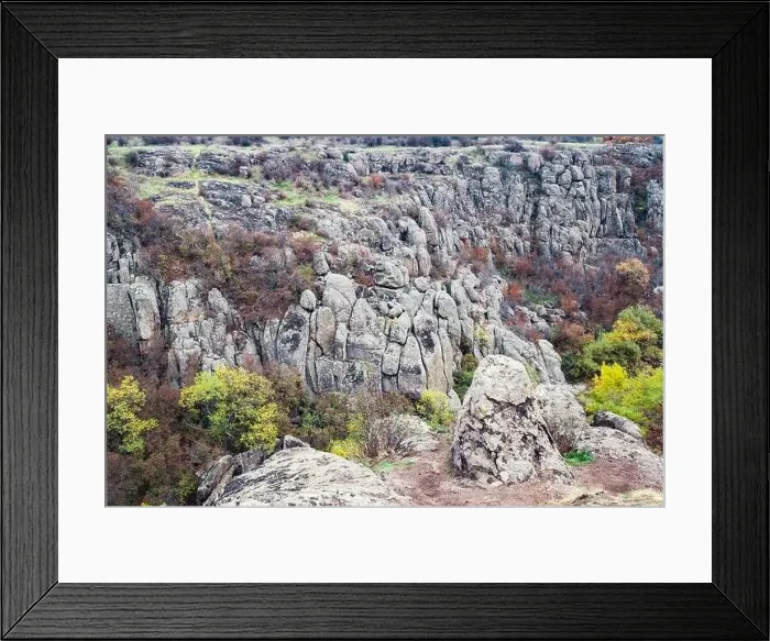 Framed Print : Aktovsky Canyon, Ukraine. Autumn trees and large stone boulders around Framed Print : Aktovsky Canyon, Ukraine. Autumn trees and large stone boulders around