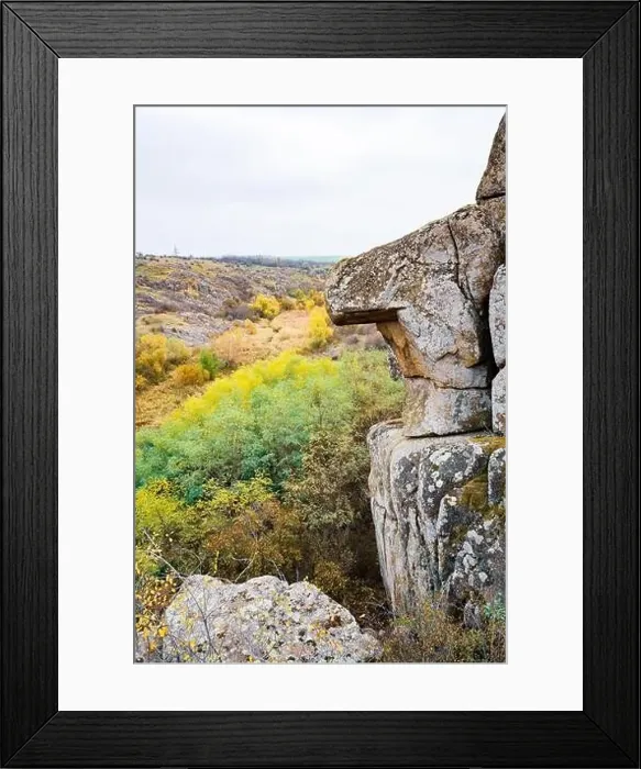 Framed Print : Aktovsky Canyon, Ukraine. Autumn trees and large stone boulders around Framed Print : Aktovsky Canyon, Ukraine. Autumn trees and large stone boulders around