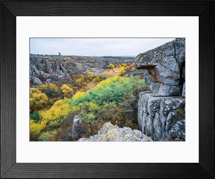 Framed Print : Aktovsky Canyon, Ukraine. Autumn trees and large stone boulders around