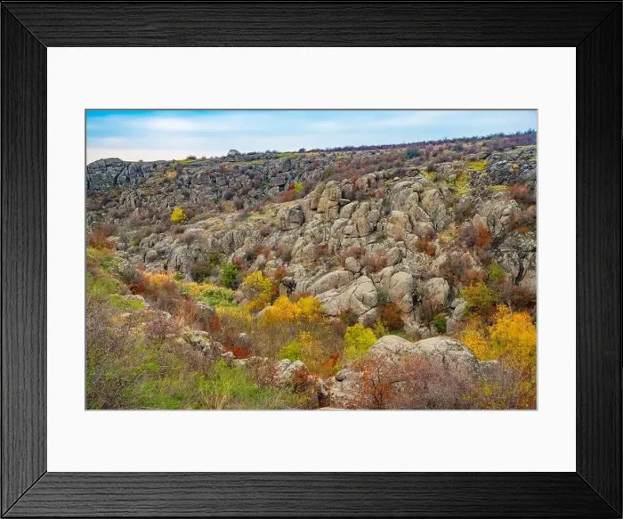 Framed Print : Aktovsky Canyon, Ukraine. Autumn trees and large stone boulders around Framed Print : Aktovsky Canyon, Ukraine. Autumn trees and large stone boulders around