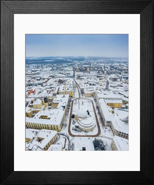 Framed Print : aerial view of Pecs, Hungary at winter with snowy rooftops Framed Print : aerial view of Pecs, Hungary at winter with snowy rooftops