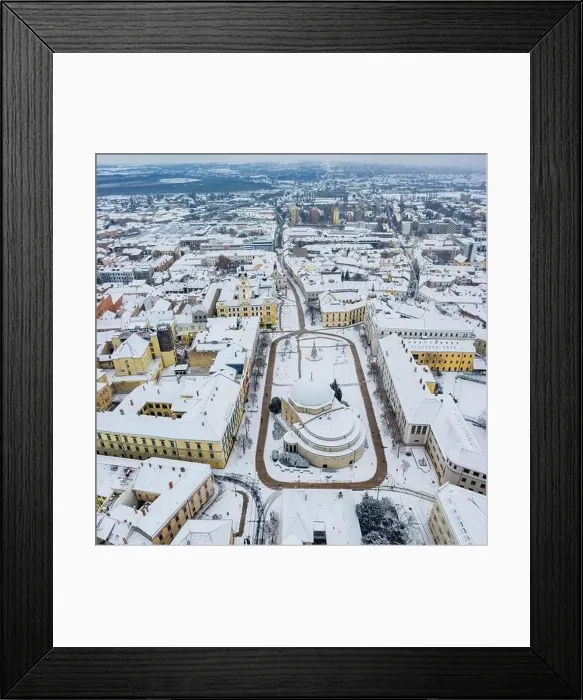 Framed Print : aerial view of Pecs, Hungary at winter with snowy rooftops Framed Print : aerial view of Pecs, Hungary at winter with snowy rooftops