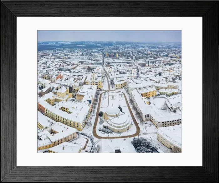 Framed Print : aerial view of Pecs, Hungary at winter with snowy rooftops Framed Print : aerial view of Pecs, Hungary at winter with snowy rooftops