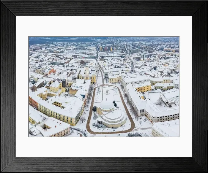 Framed Print : aerial view of Pecs, Hungary at winter with snowy rooftops Framed Print : aerial view of Pecs, Hungary at winter with snowy rooftops