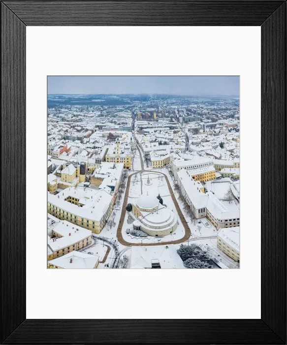 Framed Print : aerial view of Pecs, Hungary at winter with snowy rooftops Framed Print : aerial view of Pecs, Hungary at winter with snowy rooftops