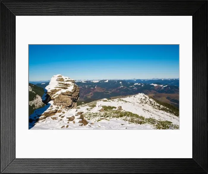 Framed Print : Wonderful landscapes covered with the first snow with large rocky ledges of the Carpathian Mountains Framed Print : Wonderful landscapes covered with the first snow with large rocky ledges of the Carpathian Mountains