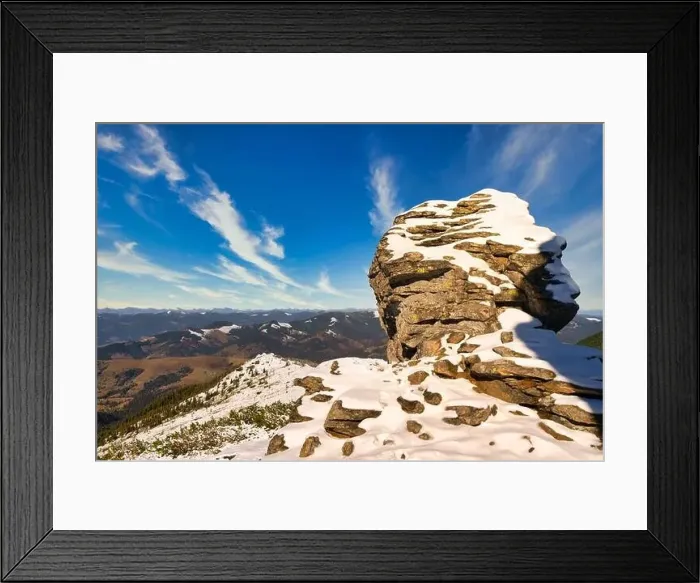 Framed Print : Wonderful landscapes covered with the first snow with large rocky ledges of the Carpathian Mountains Framed Print : Wonderful landscapes covered with the first snow with large rocky ledges of the Carpathian Mountains