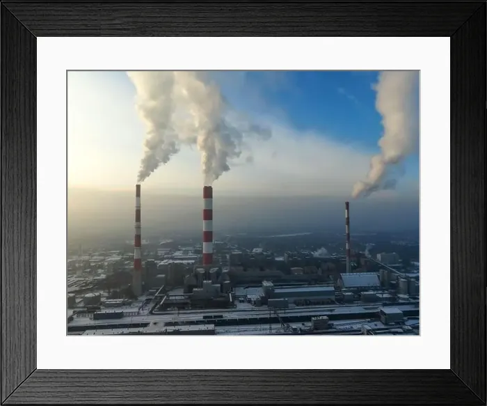 Framed Print : Aerial view of Industrial zone, plants and factories with smoke from chimneys. Air pollution concept Framed Print : Aerial view of Industrial zone, plants and factories with smoke from chimneys. Air pollution concept