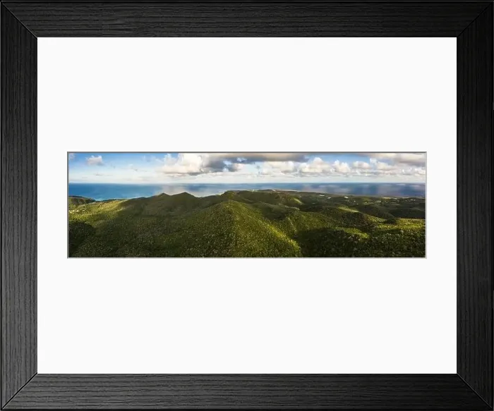 Framed Print : Aerial view above scenery of Curacao, Caribbean with ocean, coast, hills, lake Framed Print : Aerial view above scenery of Curacao, Caribbean with ocean, coast, hills, lake