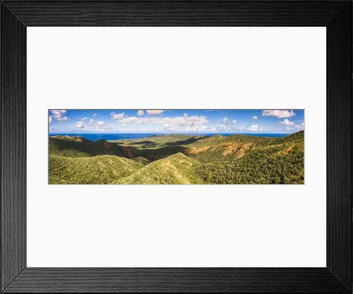 Framed Print : Aerial view above scenery of Curacao, Caribbean with ocean, coast, hills, lake Framed Print : Aerial view above scenery of Curacao, Caribbean with ocean, coast, hills, lake