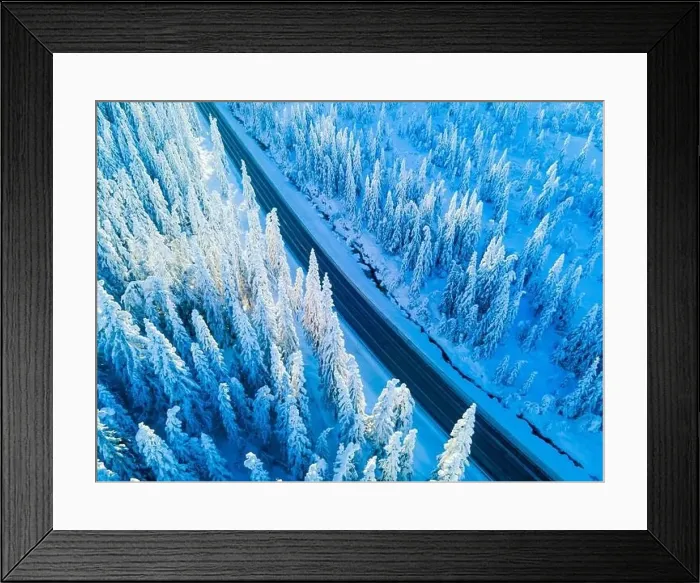 Framed Print : Highway through a mountain pass with snow covered trees Framed Print : Highway through a mountain pass with snow covered trees