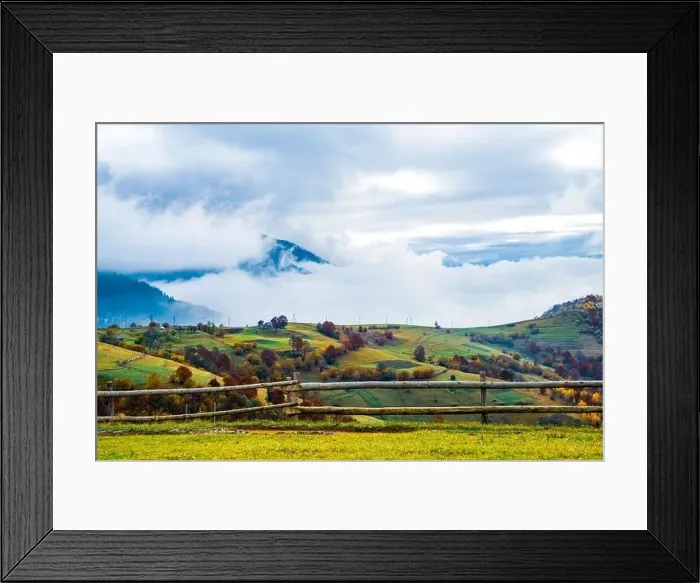 Framed Print : Bewitching beautiful summer landscape of a green meadow on a hill overlooking a dense coniferous forest Framed Print : Bewitching beautiful summer landscape of a green meadow on a hill overlooking a dense coniferous forest