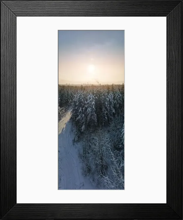 Framed Print : photo from a flying drone, a small planet and a winter landscape, pines and spruces are covered with snow Framed Print : photo from a flying drone, a small planet and a winter landscape, pines and spruces are covered with snow