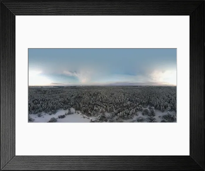 Framed Print : photo from a flying drone, a small planet and a winter landscape, pines and spruces are covered with snow Framed Print : photo from a flying drone, a small planet and a winter landscape, pines and spruces are covered with snow