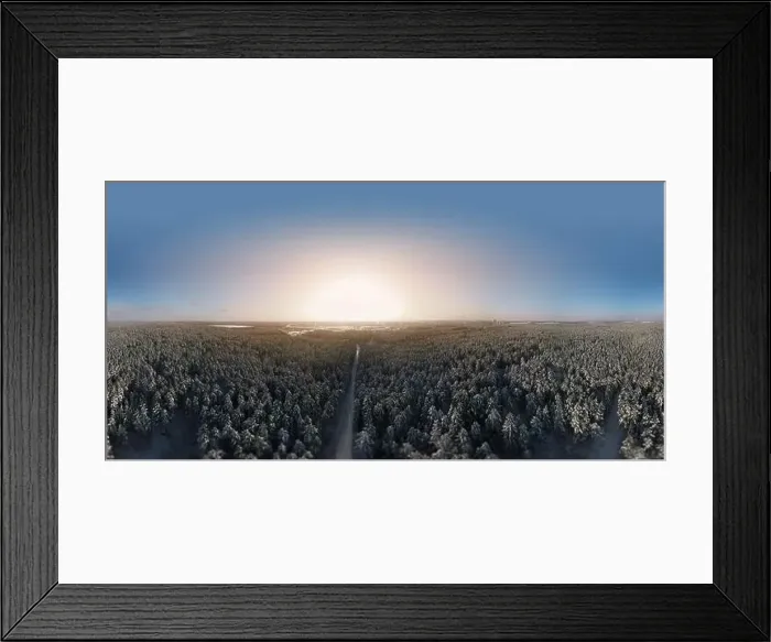 Framed Print : photo from a flying drone, a small planet and a winter landscape, pines and spruces are covered with snow Framed Print : photo from a flying drone, a small planet and a winter landscape, pines and spruces are covered with snow