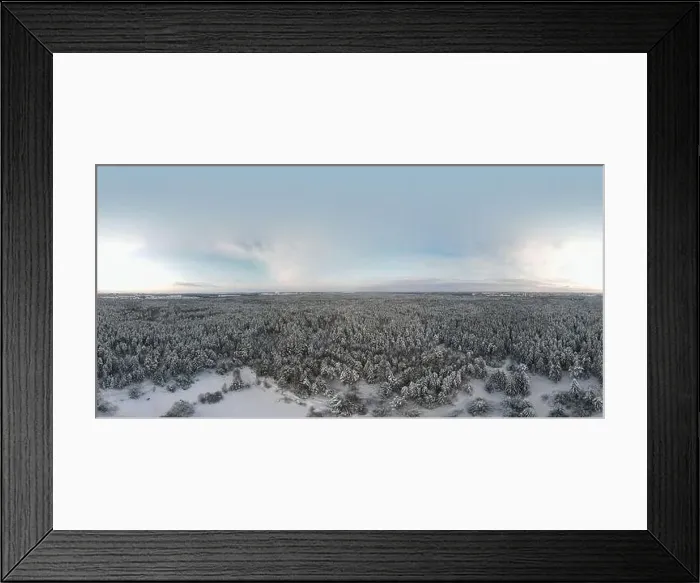 Framed Print : photo from a flying drone, a small planet and a winter landscape, pines and spruces are covered with snow Framed Print : photo from a flying drone, a small planet and a winter landscape, pines and spruces are covered with snow