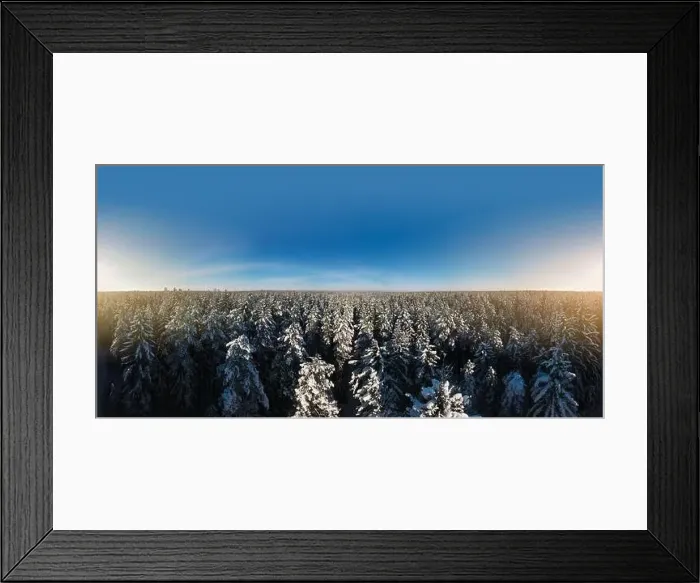 Framed Print : photo from a flying drone, a small planet and a winter landscape, pines and spruces are covered with snow Framed Print : photo from a flying drone, a small planet and a winter landscape, pines and spruces are covered with snow