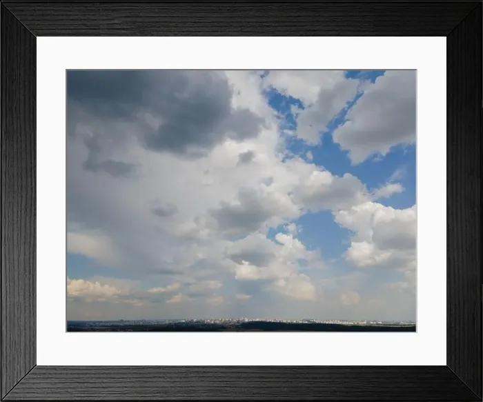 Framed Print : View from drone, panorama blue sky and white clouds, sun at sunset Framed Print : View from drone, panorama blue sky and white clouds, sun at sunset