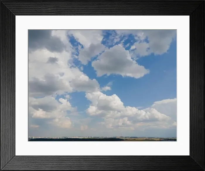 Framed Print : View from drone, panorama blue sky and white clouds, sun at sunset Framed Print : View from drone, panorama blue sky and white clouds, sun at sunset