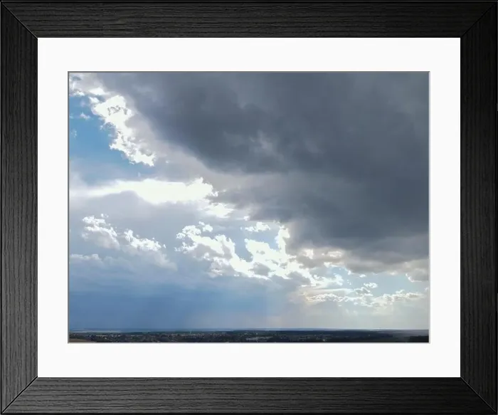 Framed Print : View from drone, panorama blue sky and white clouds, sun at sunset Framed Print : View from drone, panorama blue sky and white clouds, sun at sunset