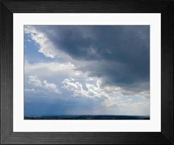 Framed Print : View from drone, panorama blue sky and white clouds, sun at sunset Framed Print : View from drone, panorama blue sky and white clouds, sun at sunset