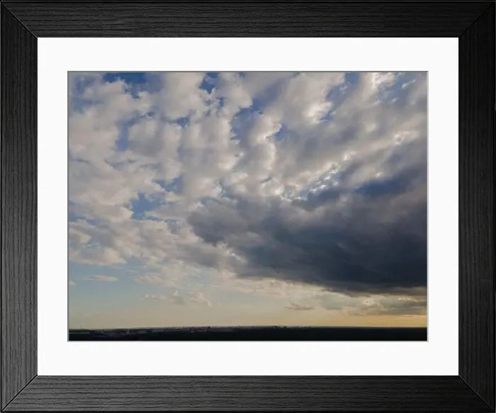 Framed Print : View from drone, panorama blue sky and white clouds, sun at sunset
