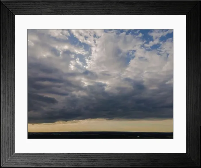 Framed Print : View from drone, panorama blue sky and white clouds, sun at sunset