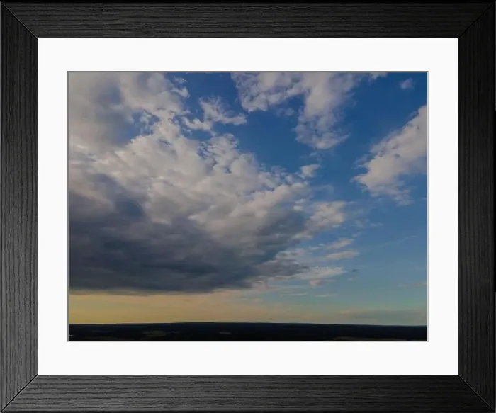 Framed Print : View from drone, panorama blue sky and white clouds, sun at sunset Framed Print : View from drone, panorama blue sky and white clouds, sun at sunset