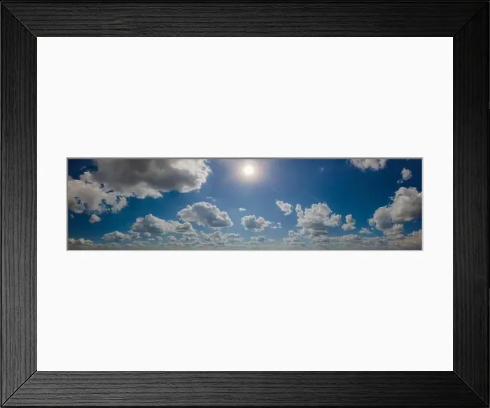 Framed Print : View from drone, panorama blue sky and white clouds, sun at sunset Framed Print : View from drone, panorama blue sky and white clouds, sun at sunset
