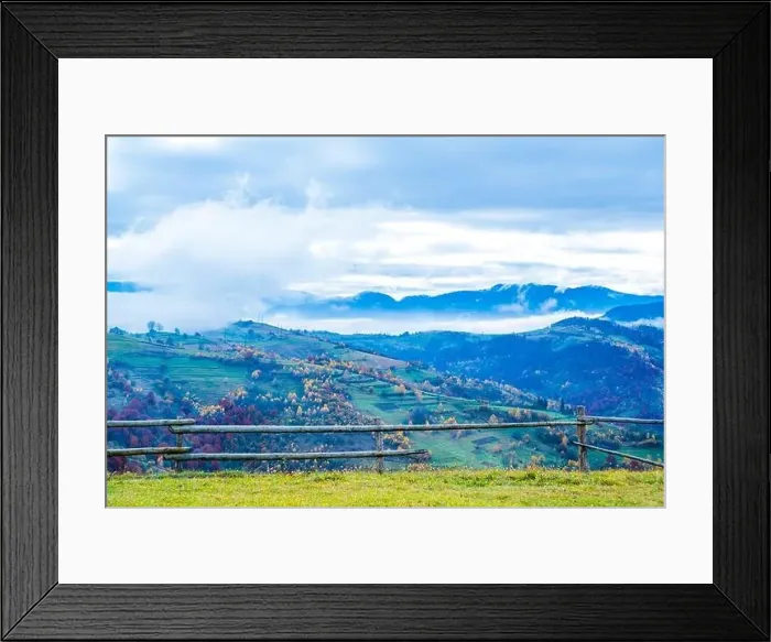 Framed Print : Bewitching beautiful summer landscape of a green meadow on a hill overlooking a dense coniferous forest Framed Print : Bewitching beautiful summer landscape of a green meadow on a hill overlooking a dense coniferous forest