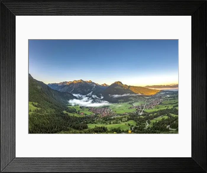 Framed Print : Aerial view of German Village Bad Oberdorf at sunrise near Zugspitze and austria border Framed Print : Aerial view of German Village Bad Oberdorf at sunrise near Zugspitze and austria border