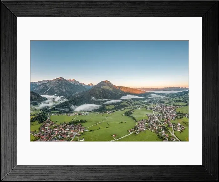 Framed Print : Aerial view of German Village Bad Oberdorf at sunrise near Zugspitze and austria border Framed Print : Aerial view of German Village Bad Oberdorf at sunrise near Zugspitze and austria border