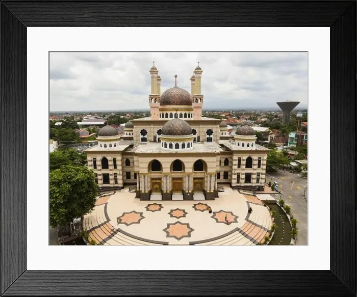 Framed Print : Aerial view of the mosque in Klaten, Indonesia starting from the Door. Klaten, Indonesia - December 2020